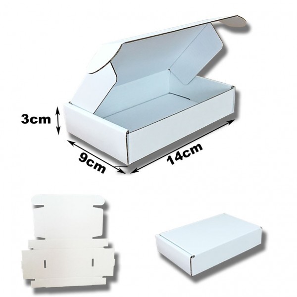 14x9x3cm. Cajas postales Automontables Microcanal Kraft blanco interior y exterior.