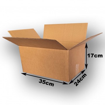 35x24x17 cm. Caja de solapas de cartón canal simple.