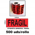 Rollo Etiquetas Adhesivas roja FRAGIL .  500 etiquetas