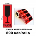 Rollo Etiquetas Adhesivas FRAGIL dibujo copa cristal. 500 etiquetas