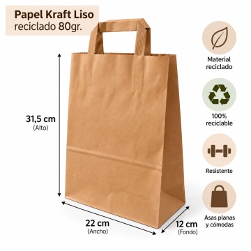 22x31,5 Bolsa de Papel Kraft Liso Reciclado 80gr. Con Asa plana. Pack 350 unds.