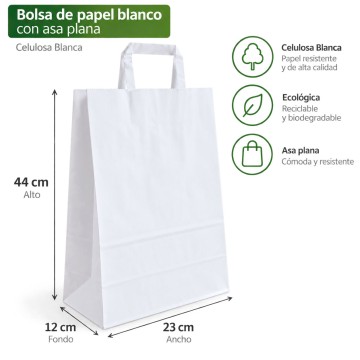23x44cm  Bolsa de Papel Blancas 90gr. Con Asa plana. Pack 300 unds.