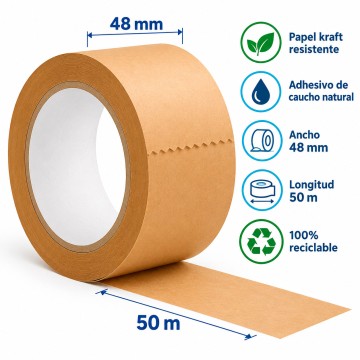 Cinta Adhesiva de Papel Kraft 48 mm x 50 m – 100% Reciclable